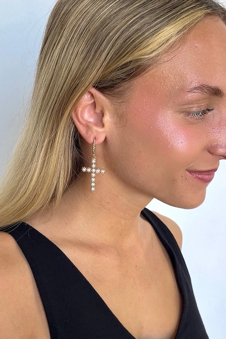 Glamorous Admiration Pearl Cross Hoop Earrings