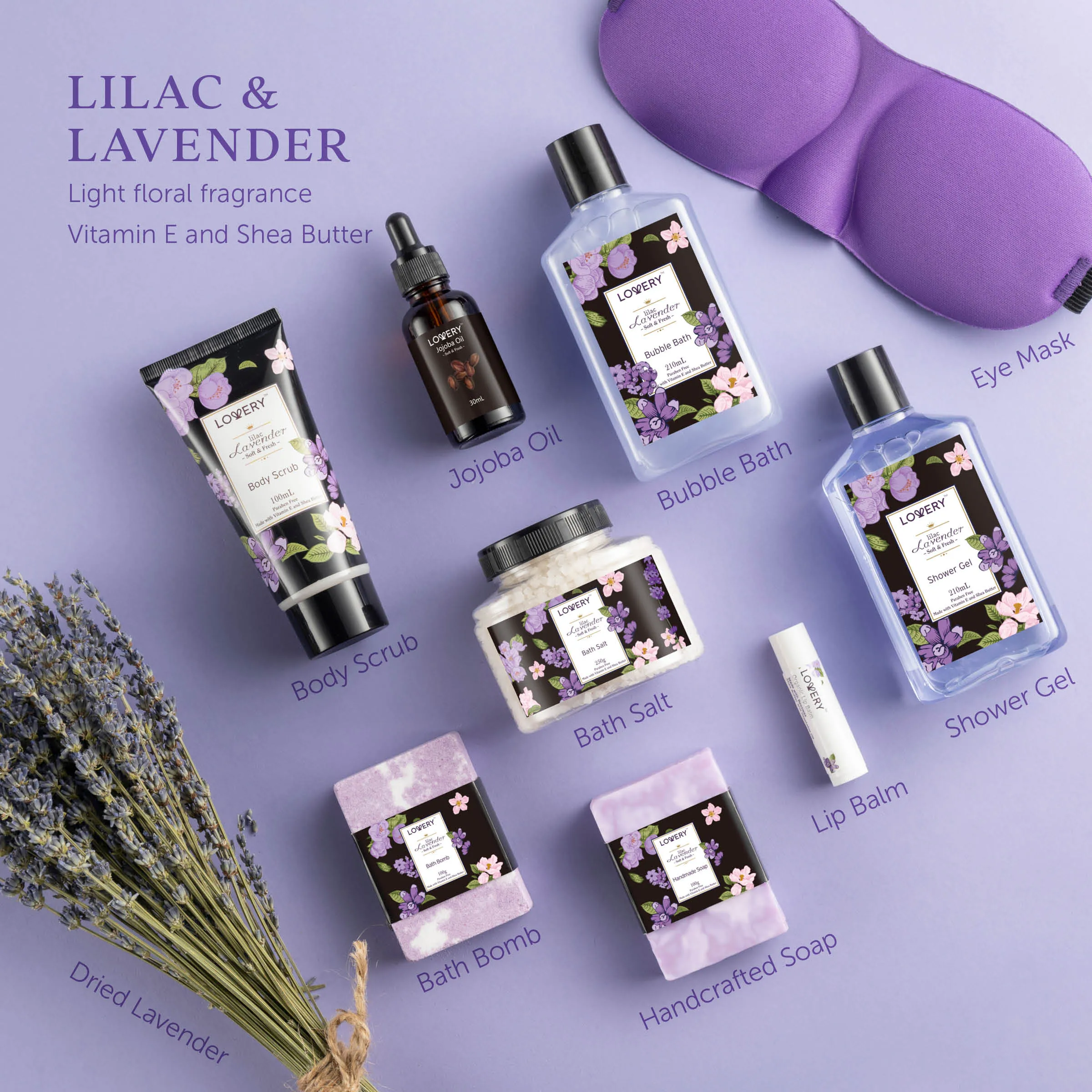 Lavender & Lilac Spa Gift Basket with Sleep Mask - Bath and Body Self Care Package for Men and Women